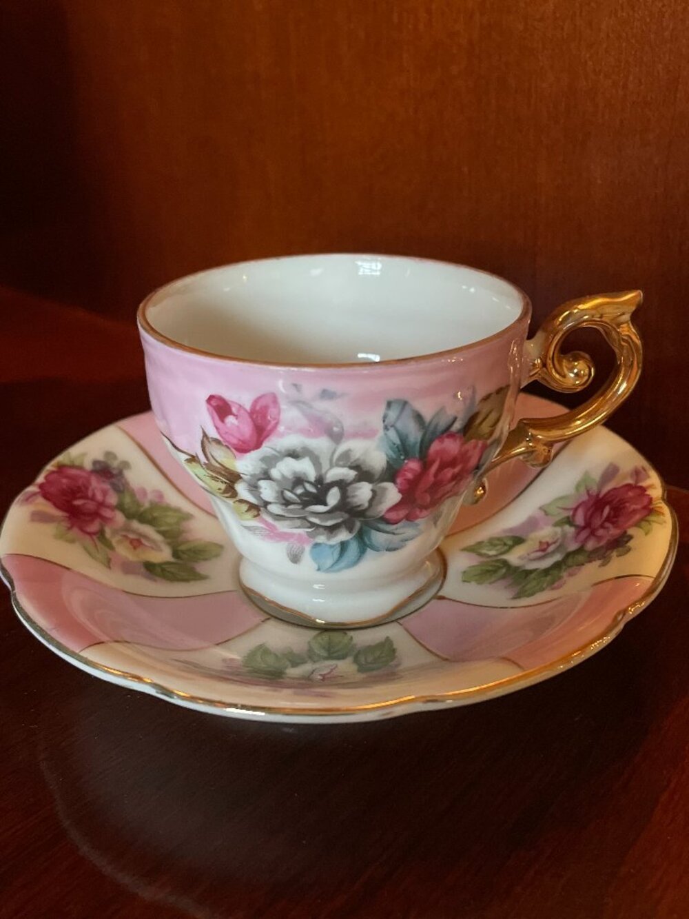Lovely Relco Demitasse Cup w/Floral Panel Design and Matching Scalloped Saucer